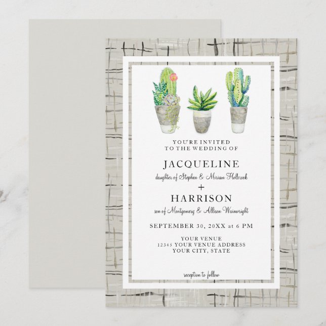 Hacienda Style Cactus Courtyard in Gray Wedding Einladung (Vorne/Hinten)