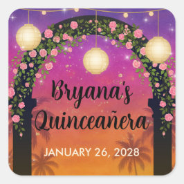 Hacienda Sunset Floral Arch Quinceañera Quadratischer Aufkleber