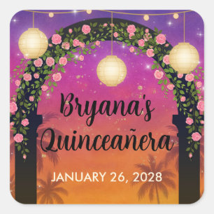 Hacienda Sunset Floral Bogen Quinceañera  Quadratischer Aufkleber