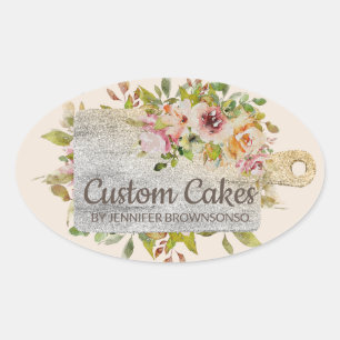 Hackbrett Metzger Bäckerei Küche Floral Gold Ovaler Aufkleber