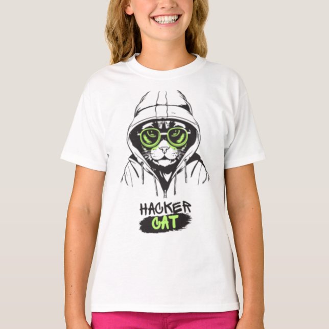 Hacker Katze Cyberpunk Tech Kitty Mädchen T-Shirt (Vorderseite)