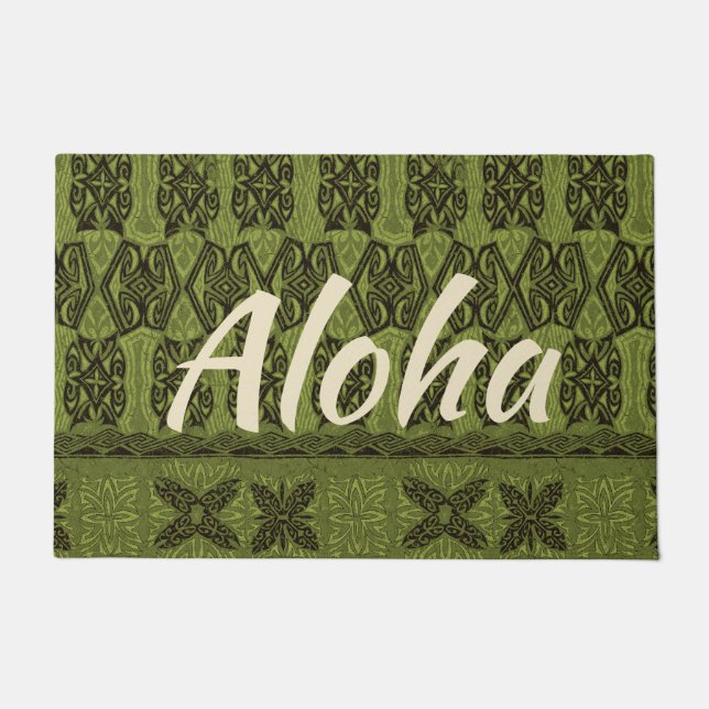 Haena Beach Hawaiian Primitive Tapa Aloha Olive Fußmatte (Vorderseite)
