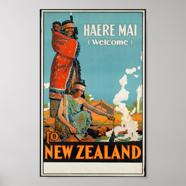 'Haere Mai (Willkommen in Neuseeland' Reiseplakat Poster (Vorne)
