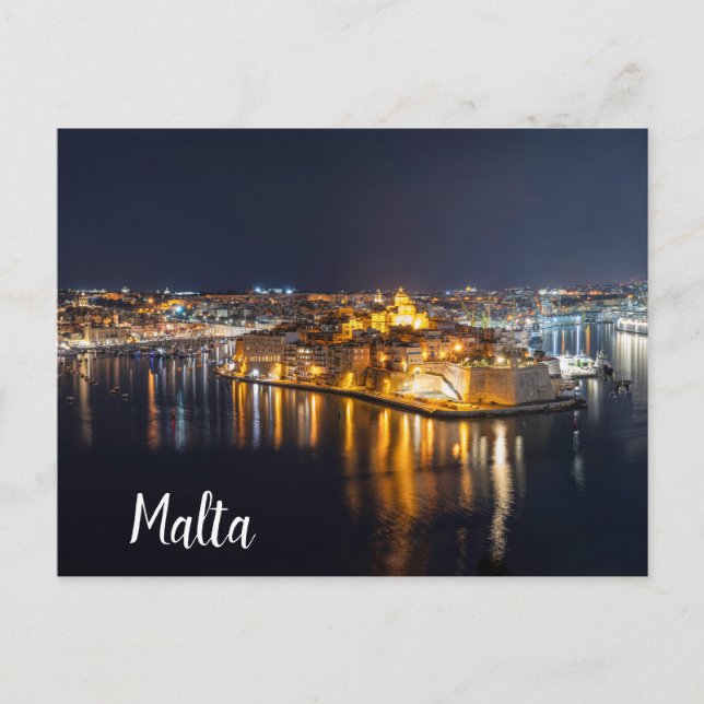 Hafen in Malta nachts beleuchtet Postkarte (Vorderseite)