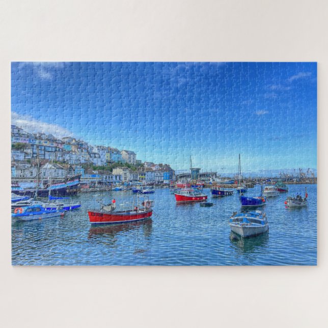 Hafen von Brixham: Bunte Boote und Devons Hügel Puzzle (Horizontal)