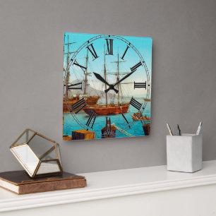 Hafen von Neapel Italien 1800er Quadratische Wanduhr