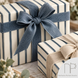Haferflocken-Navy-Rustikal-Dünne-Ticking-Streifen Geschenkpapier