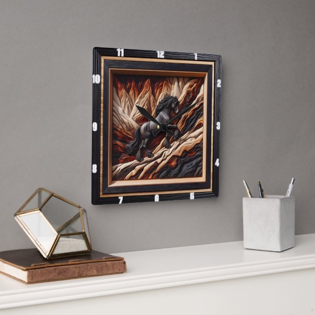 Haflinger Black Horse: Wahl im Holzkunststil Quadratische Wanduhr (Büro)