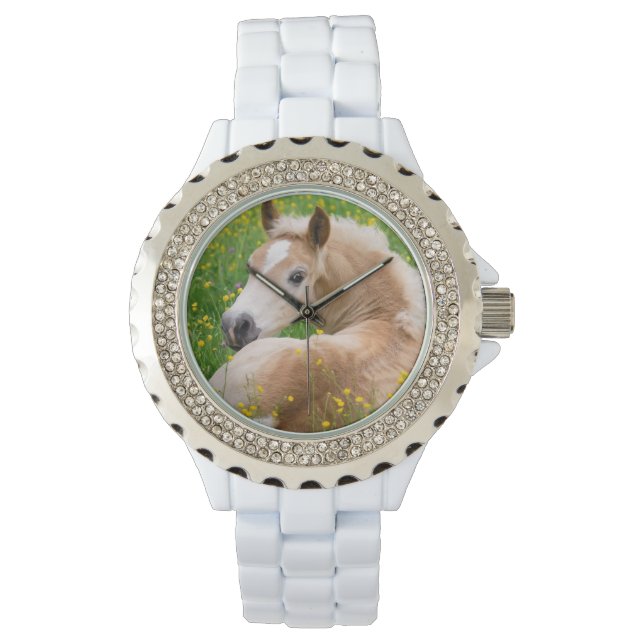 Haflinger Horse Niedlich Fohlen in einem Blumenbee Armbanduhr (Vorderseite)