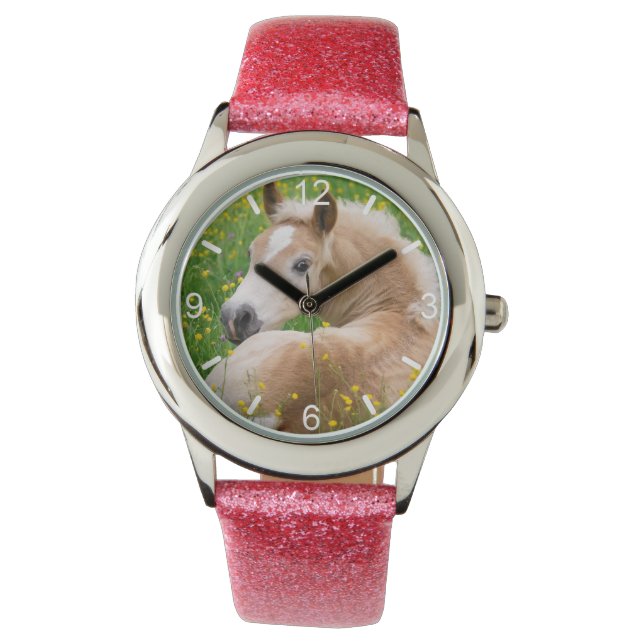 Haflinger Niedlich Foal in Blumenscheibe Armbanduhr (Vorderseite)