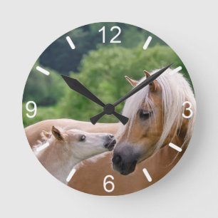 Haflinger Niedlich Pferde Fohlen und Mama Cuddling Runde Wanduhr