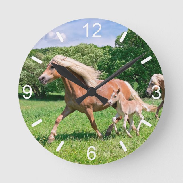 Haflinger Pferde mit Niedlichen Foals Run - Wählpl Runde Wanduhr (Vorderseite)