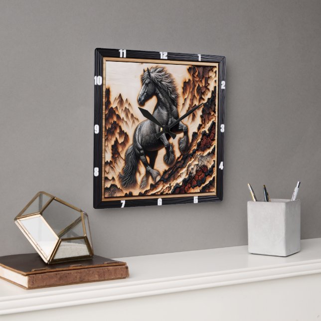 Haflinger's Wild Wood: Custom Art Display Quadratische Wanduhr (Büro)