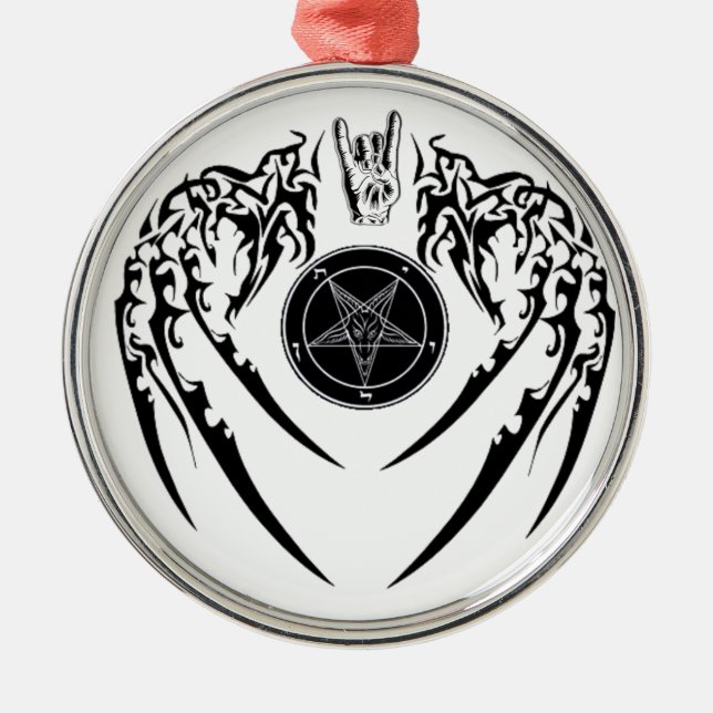 Hagel Satan Baphomet Horn-und Flügel-Verzierung Silbernes Ornament (Vorne)
