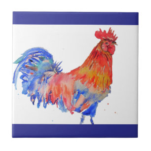 Hahn Aquarell Rot Gelb Blau Huhn Fliese