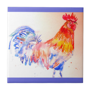 Hahn Aquarell Rot Gelb Blau Huhn Fliese
