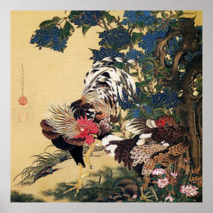 Hahn, Henne und Hortensie von Ito Jakuchu Poster