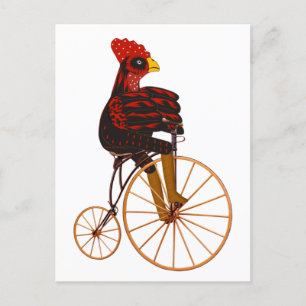 Hahn Huhn fährt ein Vintage-Fahrrad Postkarte