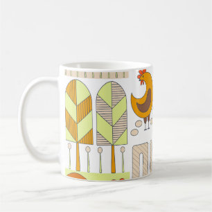Hahn, Hühner, geometrische Blumendarstellung. Kaffeetasse
