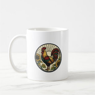 Hahn Sonnenblume Holzschnitt Kunst Runder Becher Kaffeetasse
