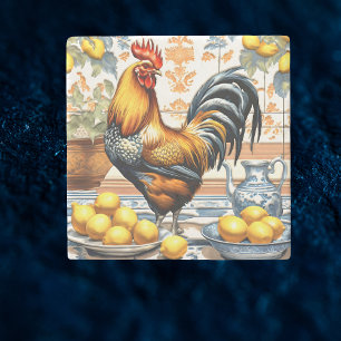 Hahn und Zitronen Azulejo Stil Blau Orange Creme Steinuntersetzer