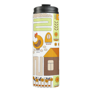Hahn und zwei Hennen, Eier, Blumen, Haus, Zeichnun Thermosbecher