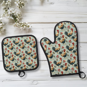 Hahn Vintage-Hühner-Muster Blau Ofenhandschuh & Topflappen-Set