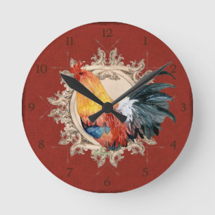 Hahn Vintage Rot Französisches Landhaus Rustikale  Runde Wanduhr
