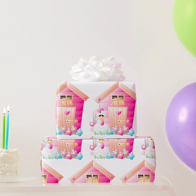 Hähnchen und Pink Hen House mit Blume Geschenkpapier (Von Creator hochgeladen)