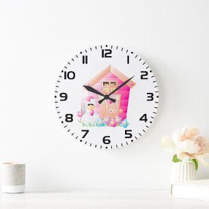 Hähnchen und Pink Hen House mit Blume Große Wanduhr