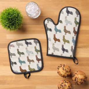 Hähnchenbauernhof mit farbigen Mustern Ofenhandschuh & Topflappen-Set