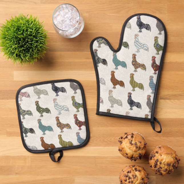 Hähnchenbauernhof mit farbigen Mustern Ofenhandschuh & Topflappen-Set (Oben Unten)