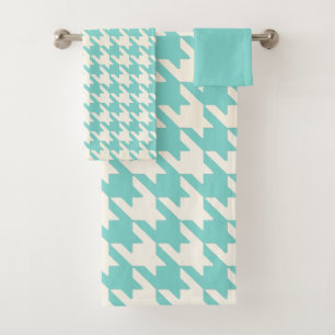 Hahnentrittmuster Aqua Blau und Weiß Badhandtuch Set