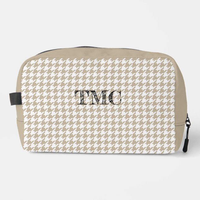 Hahnentrittmuster Beige weiße INITIALE Preppy Chic Waschbeutel (Vorderseite)