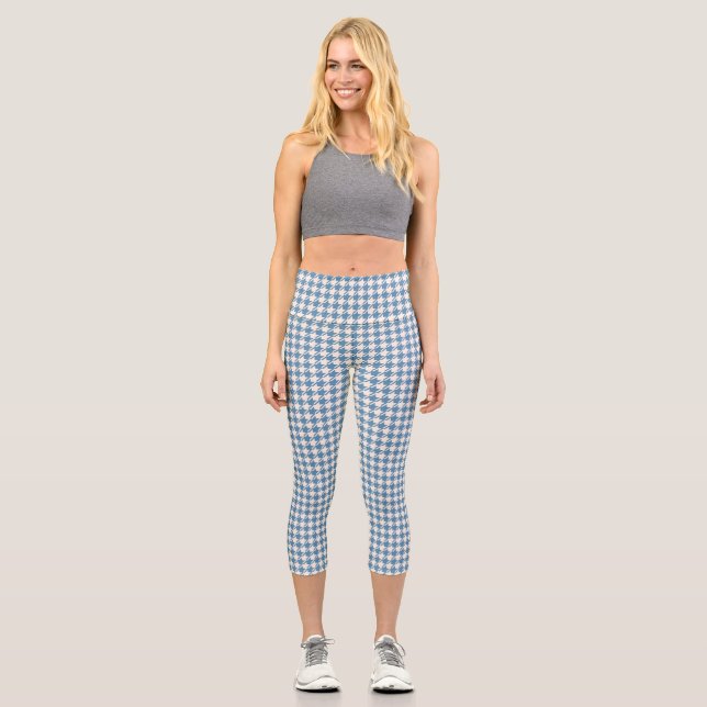 Hahnentrittmuster Blau+Creme Muster Capri Leggings (Vorderseite)