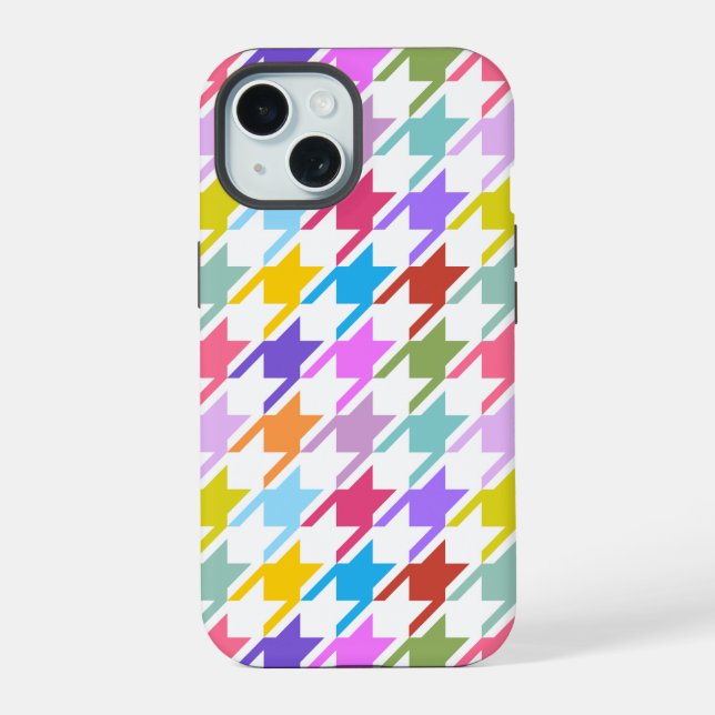 Hahnentrittmuster Multicolor+White Big Pattern iPhone 15 Hülle (Rückseite)