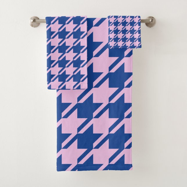Hahnentrittmuster Rosa+Blau Mischmuster Badhandtuch Set (Insitu)