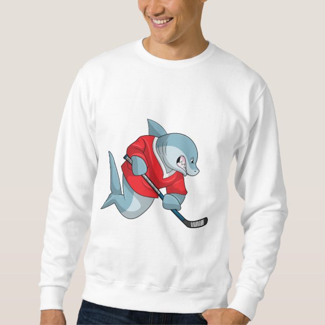 Hai beim Eishockey mit Eishockeystick Sweatshirt (Vorderseite)