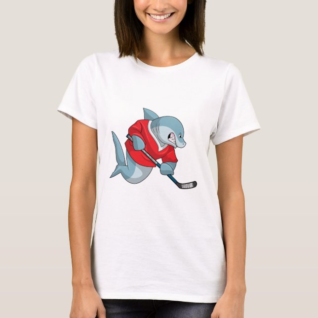 Hai beim Eishockey mit Eishockeystick T-Shirt (Vorderseite)