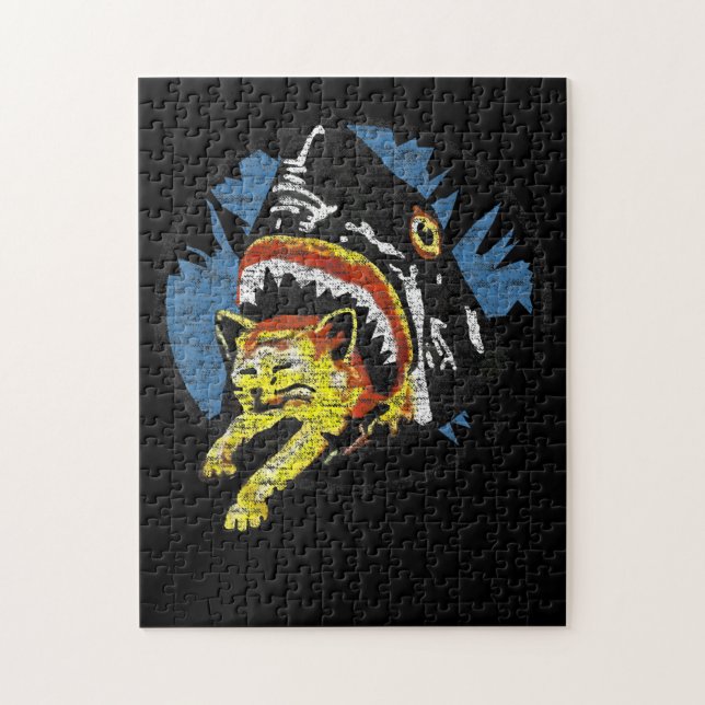 Hai essen eine Katze Funny Shark Geschenke Puzzle (Vertikal)
