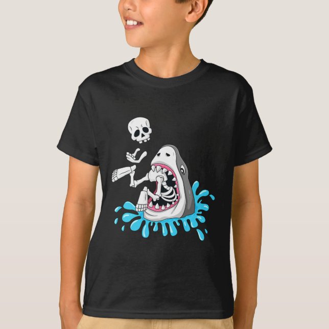 Hai isst Skeleton Spaß Halloween Jungs Mädchen Kin T-Shirt (Vorderseite)