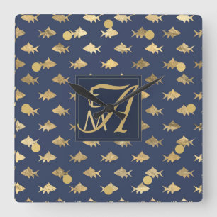 Hai Navy Blue Gold Monogram Wohngestaltung Newlywe Quadratische Wanduhr