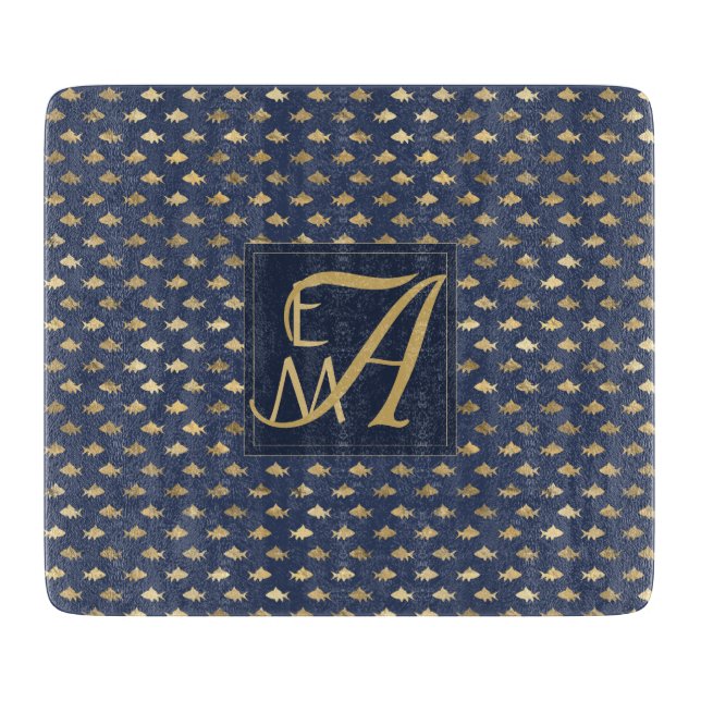 Hai Navy Blue Gold Monogram Wohngestaltung Newlywe Schneidebrett (Vorderseite)
