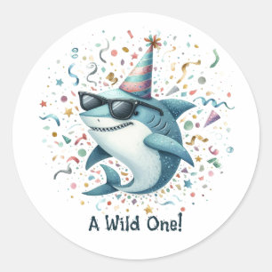 Hai Themed "Wild One" Geburtstagsparty Runder Aufkleber