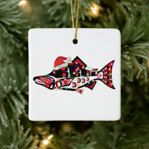 Haida Lachs Geist Tier mit Weihnachtsbeleuchtung Keramikornament