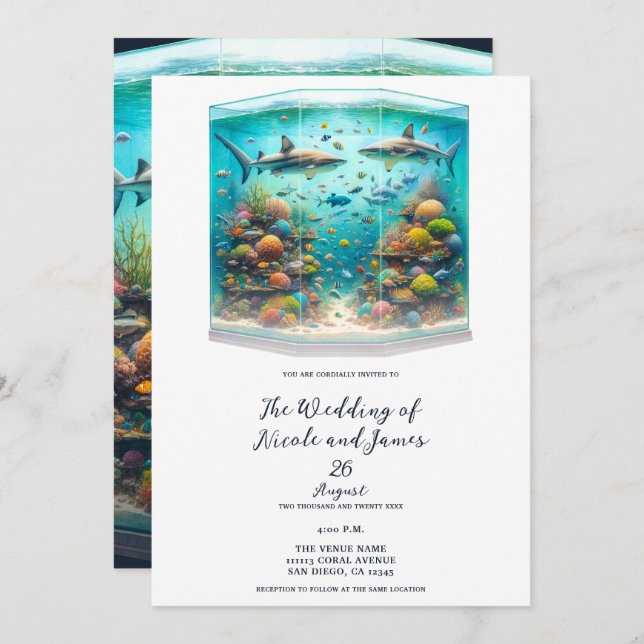 Haie und Fisch Aquatic Aquatic Aquarium Hochzeit Einladung (Vorne/Hinten)