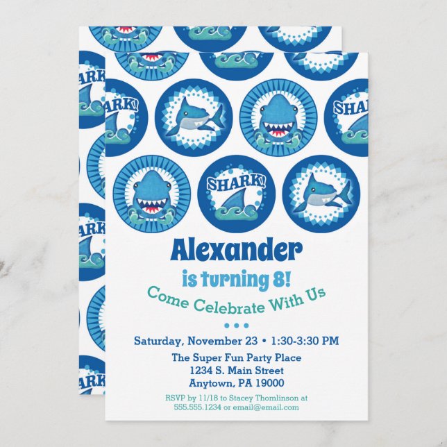 Haie zum Geburtstag Einladung Boys Shark Party (Vorne/Hinten)