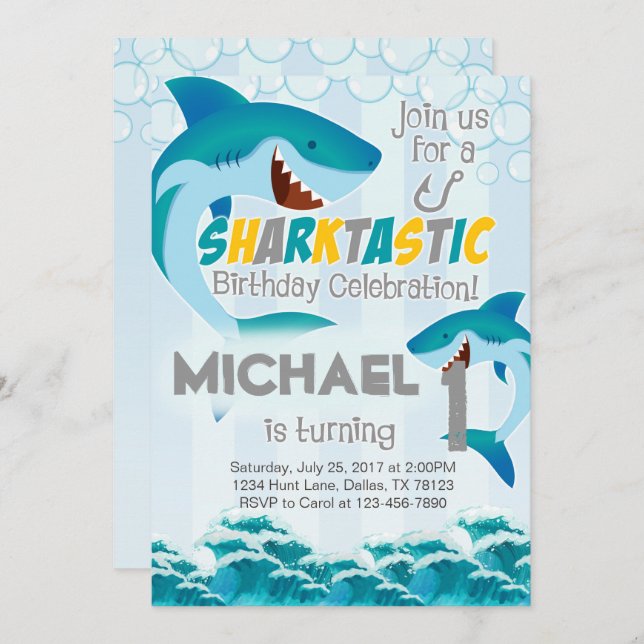 Haifisch Geburtstagsparty Einladung Junge (Vorne/Hinten)