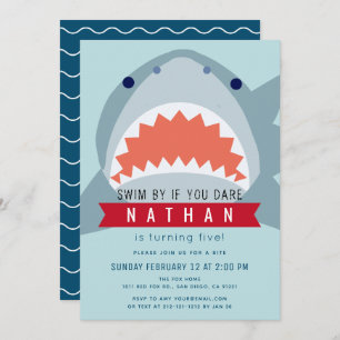 Haifisch-hellblauer Pool-Jungen-Geburtstag Einladung