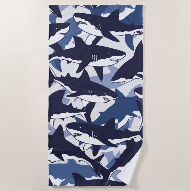 Haifisch-Muster – Blaues Ozeandesign Strandtuch (Vorderseite)